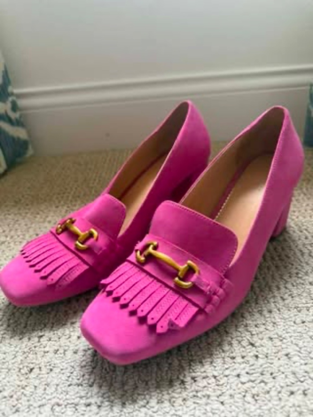 Boden Pink Fuchsia Iris Ghillie Suede Fringe Heeled Loafers with Gold Bit Size41